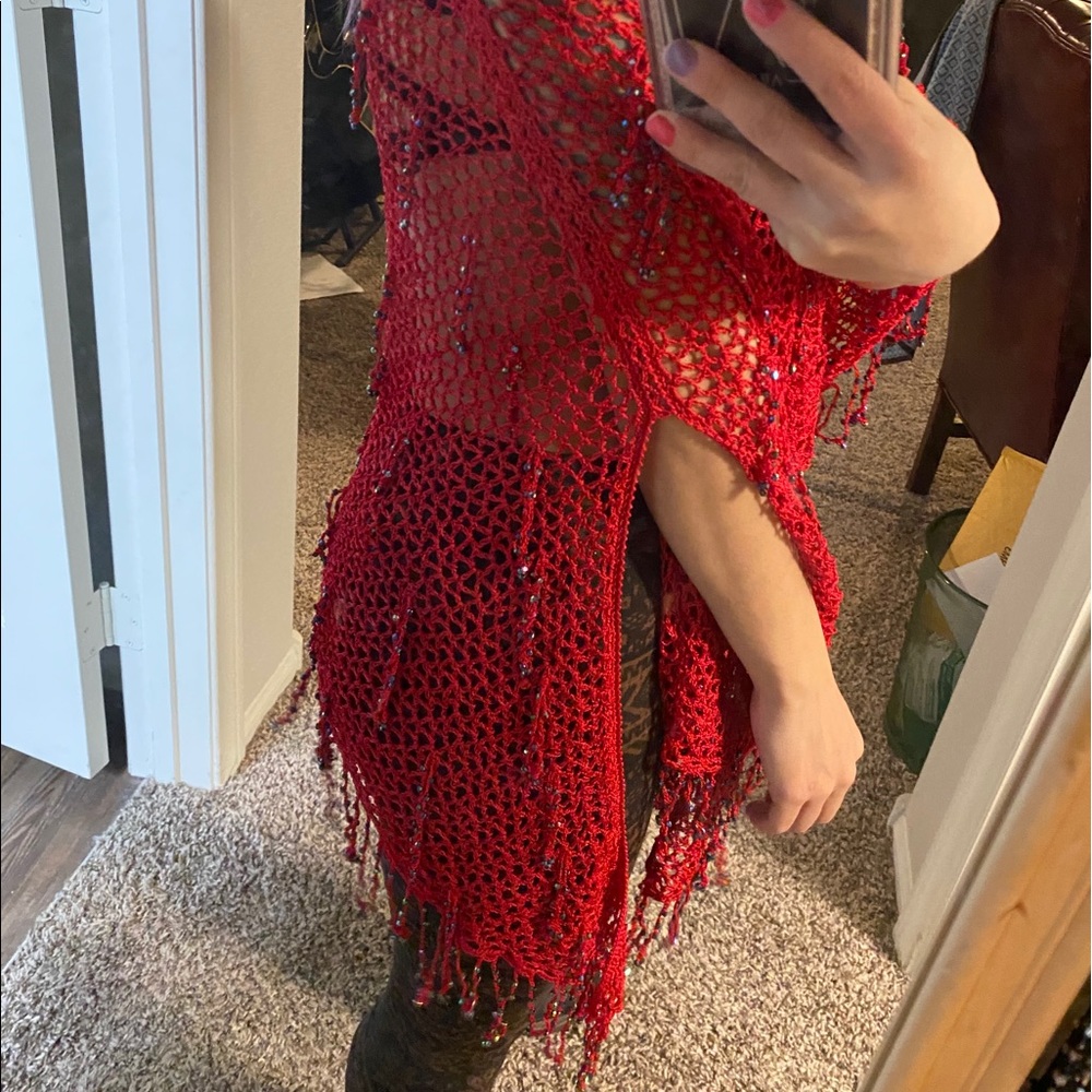 Red see through Woven knit Shaw poncho shrug sweater - Picture 7 of 7